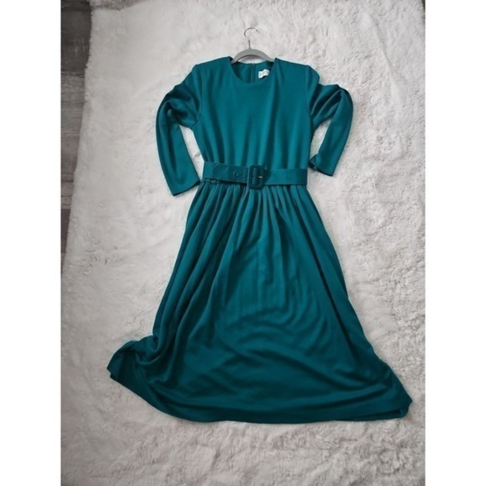 Terri Ellen Midi Dress Womens 10 Teal Green Excellent Vintage Belted Long Sleeve